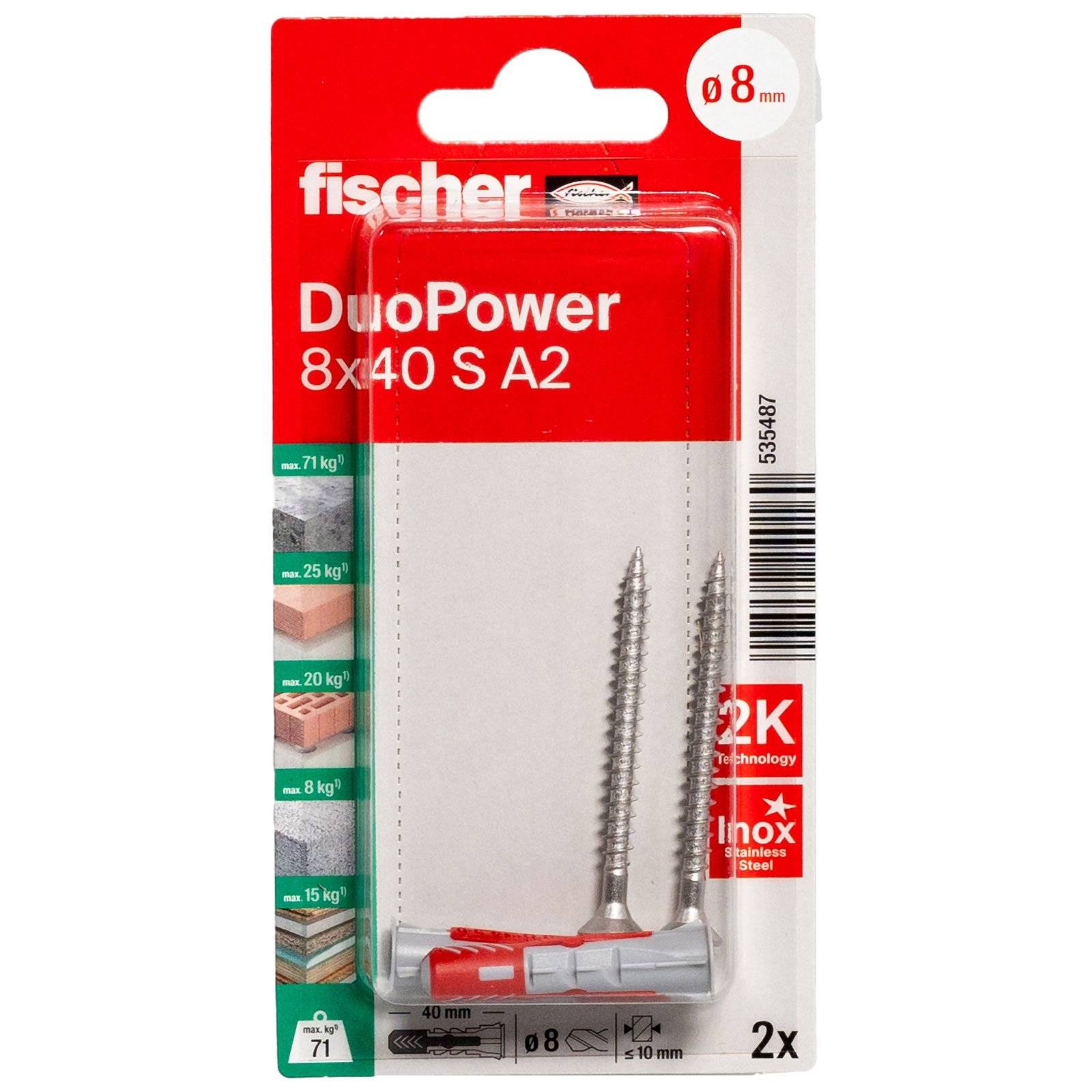 fischer DuoPower 8 x 40 S Schraube A2 nicht rostender Stahl
