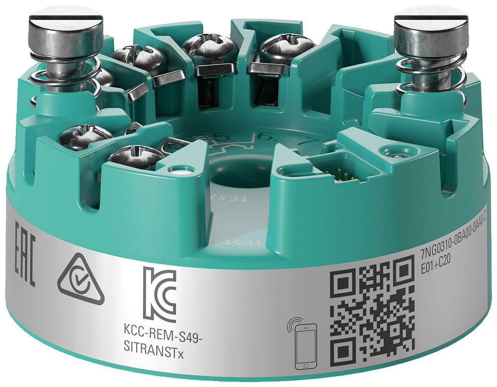 Ein türkisfarbener kreisförmiger Sensor mit Metallverbindern und einem QR-Code an der Seite, der in industriellen Anwendungen für Überwachungssysteme eingesetzt wird.