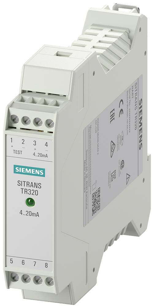 Siemens SITRANS TR320-Gerät mit Ein-/Ausgabeanschlüssen, einem Anzeigefeld mit Testknopf und Details zum Strombereich (4-20 mA).