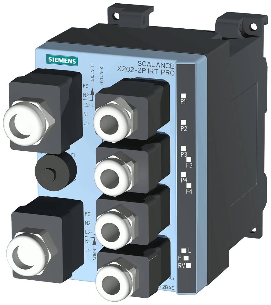 Ein Siemens SCALANCE X202-2P IRT PRO Netzwerkswitch, der mehrere Ethernet-Ports und ein Modellschild zeigt, verwendet für industrielle Vernetzung.