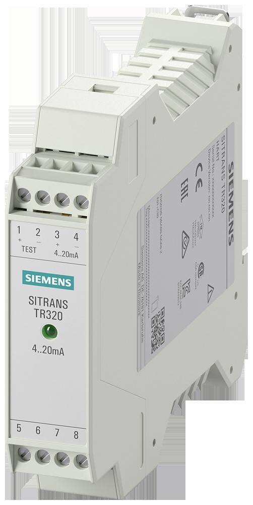 Programmierbares Sendegerät mit der Bezeichnung 'SIEMENS SITRANS TR320' mit Eingabemarkierungen, Zertifizierungssymbolen und '4...20mA' Ausgabekennzeichnung.