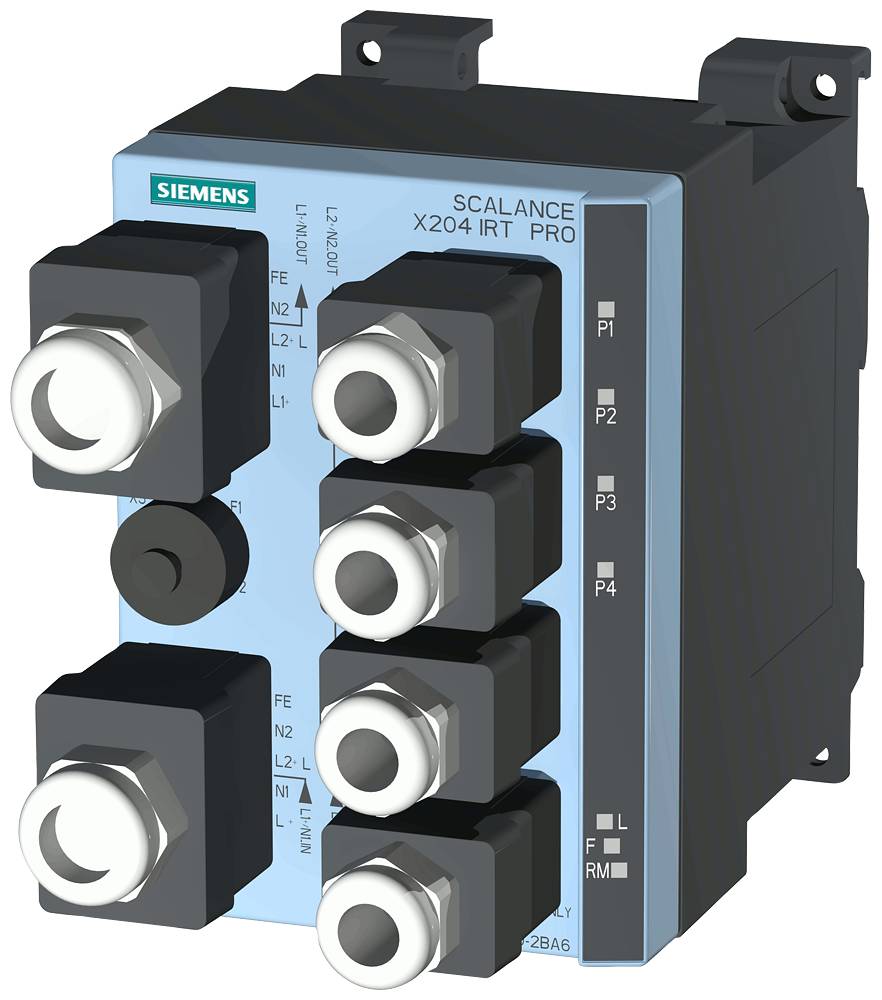 Siemens Scalance X204 IRT PRO industrieller Ethernet-Switch mit vier RJ45-Ports wird gezeigt, verwendet für Netzwerkverbindungen in industriellen Umgebungen.