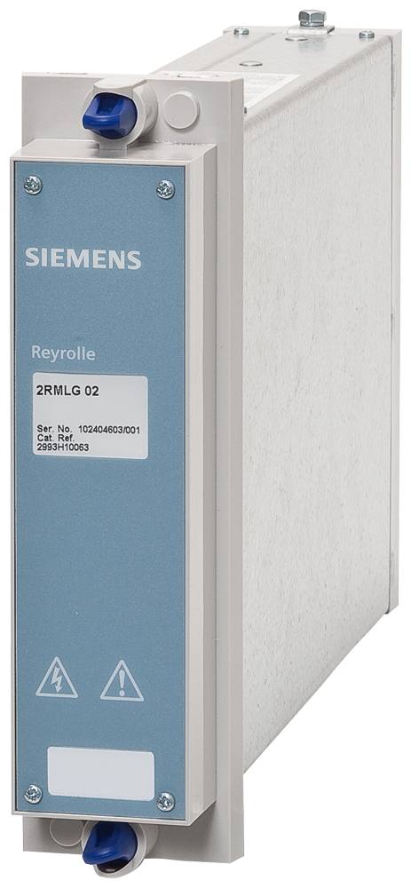 Eine graue Siemens-Komponente mit einem blauen Seitenpanel, beschriftet mit 'Reyrolle 2RMLG 02', inklusive Seriennummer 10246063/001 und Katalogverweis 29931H063.