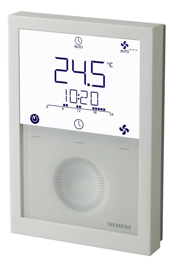 Ein digitales Thermostat, das '24,5°C' und die aktuelle Zeit '10:20' anzeigt. Es zeigt Symbole für Lüfter und Uhr, mit einem großen Drehregler unterhalb des Displays.