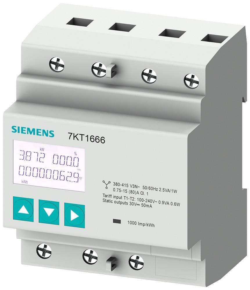 Siemens Zähler mit drei digitalen Anzeigen, die Kilowattstunden, Spannungsbereich '380-415V' und Stromstärke '5-85A' anzeigen, Modell '7KT1666'.