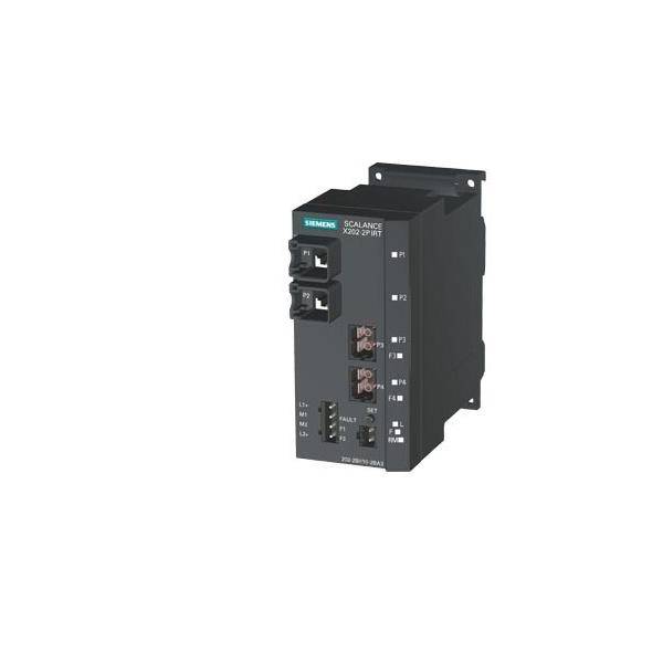 Siemens Scalance X204-2PFE Ethernet-Switch, dunkelgrau, mit mehreren Ports und Montagehalterung, verwendet für industrielle Netzwerke.