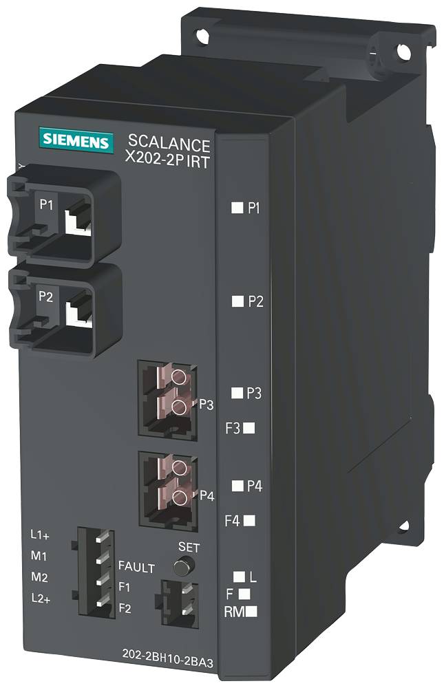 Ein Siemens SCALANCE X202-2P IRT industrieller Ethernet-Switch mit Anschlüssen, die von P1 bis P4 beschriftet sind, und Statusanzeigen auf der rechten Seite.