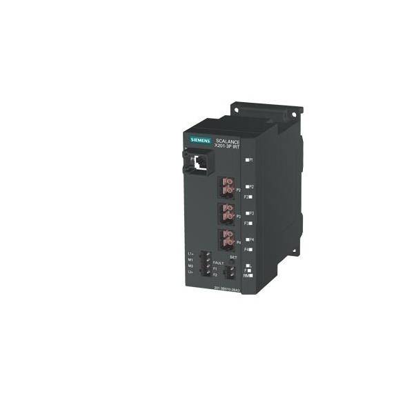 Ein unmanagter Ethernet-Switch Siemens SCALANCE X208 mit mehreren Ports an der Frontseite, der für industrielle Netzwerkverbindungen verwendet wird.