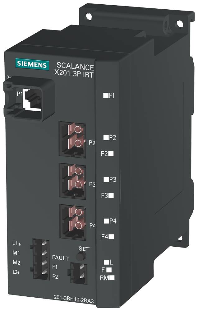 Siemens SCALANCE X201-3P IRT Netzwerkswitch mit mehreren Ports und Indikatorleuchten, verwendet für industrielle Ethernet-Anwendungen.
