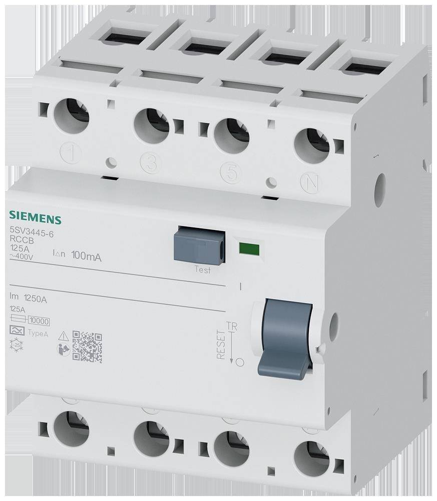 Ein weißer Siemens Fehlerstromschutzschalter (FI-Schalter) mit vier Anschlusspunkten, gekennzeichnet mit '5SV3445-6', ausgelegt für 125A und 400V, mit blauem Hebel und Prüftaste.
