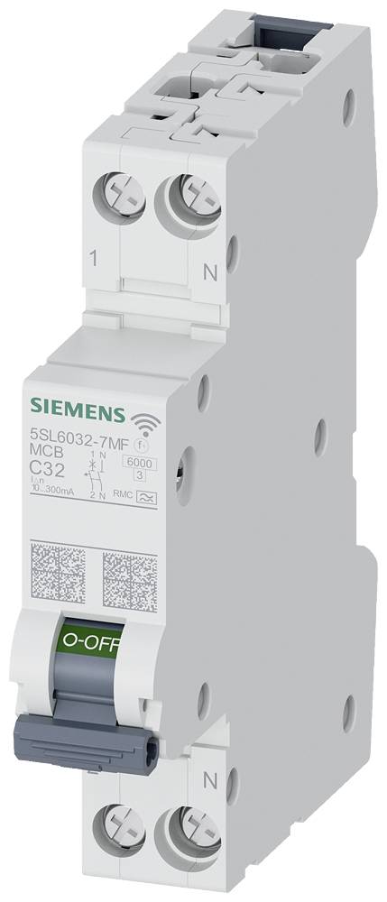 Siemens 5SL6032-7MF Leitungsschutzschalter, 32A, 3-polig. Verfügt über ein WLAN-Symbol und technische Spezifikationen auf dem Etikett. Weißes Gehäuse.