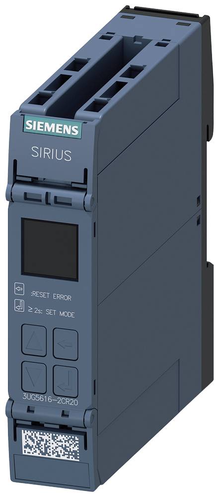 Ein vertikales blaues Industriegerät mit der Beschriftung 'SIRIUS', das Tasten für 'FEHLER ZURÜCKSETZEN' und 'MODUS EINSTELLEN' aufweist, mit einem LCD-Bildschirm und Pfeiltasten.