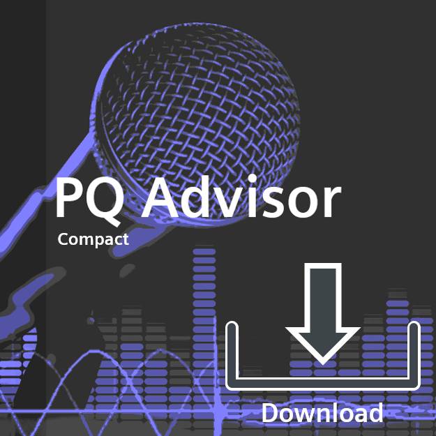 Ein Mikrofon mit Sound-Wave-Grafiken im Hintergrund. Text lautet 'PQ Advisor Compact' und enthält ein Download-Symbol.