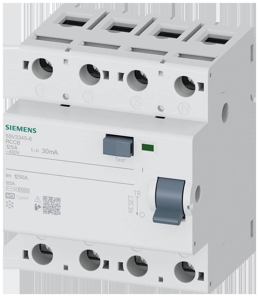 Siemens 5SV3345-6 FI-Schalter, 125A, 30mA, Typ A. Er verfügt über Test- und Rückstelltasten mit 4 Anschlussklemmen für elektrische Verbindungen.