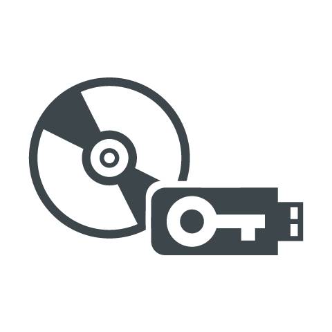 Symbol für die Softwareinstallation, der eine CD und einen USB-Stick mit einem Schlüssel zeigt, was digitalen Kopierschutz oder Softwaresicherheit symbolisiert.