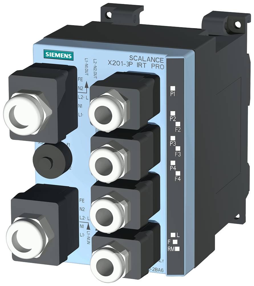 Ein Siemens SCALANCE X201-3P IRT PRO industrieller Ethernet-Switch mit mehreren Ports und Anzeigen auf der Frontplatte.