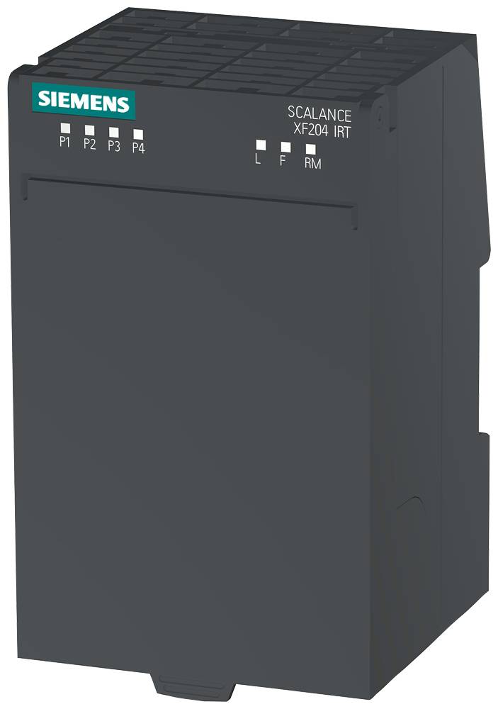 Siemens SCALANCE XF204 IRT industrieller Netzwerkswitch mit vier Portanzeigen, gekennzeichnet von P1 bis P4; Ethernet L- und RM-Leuchten.