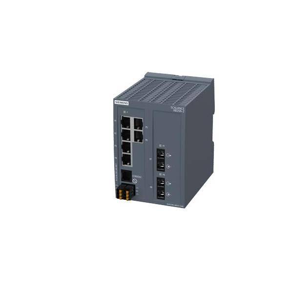 Ein kompakter industrieller Ethernet-Switch mit mehreren LAN-Ports und Statusanzeigen, der zum Verbinden verschiedener Netzwerkgeräte in einem System verwendet wird.