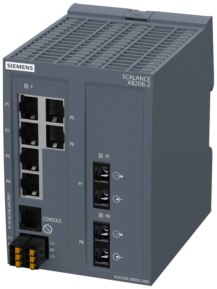SIEMENS SCALANCE XB206-2' Ethernet-Switch mit mehreren Ports und Konsolenindikatoren, verwendet für industrielle Netzwerktechnik.