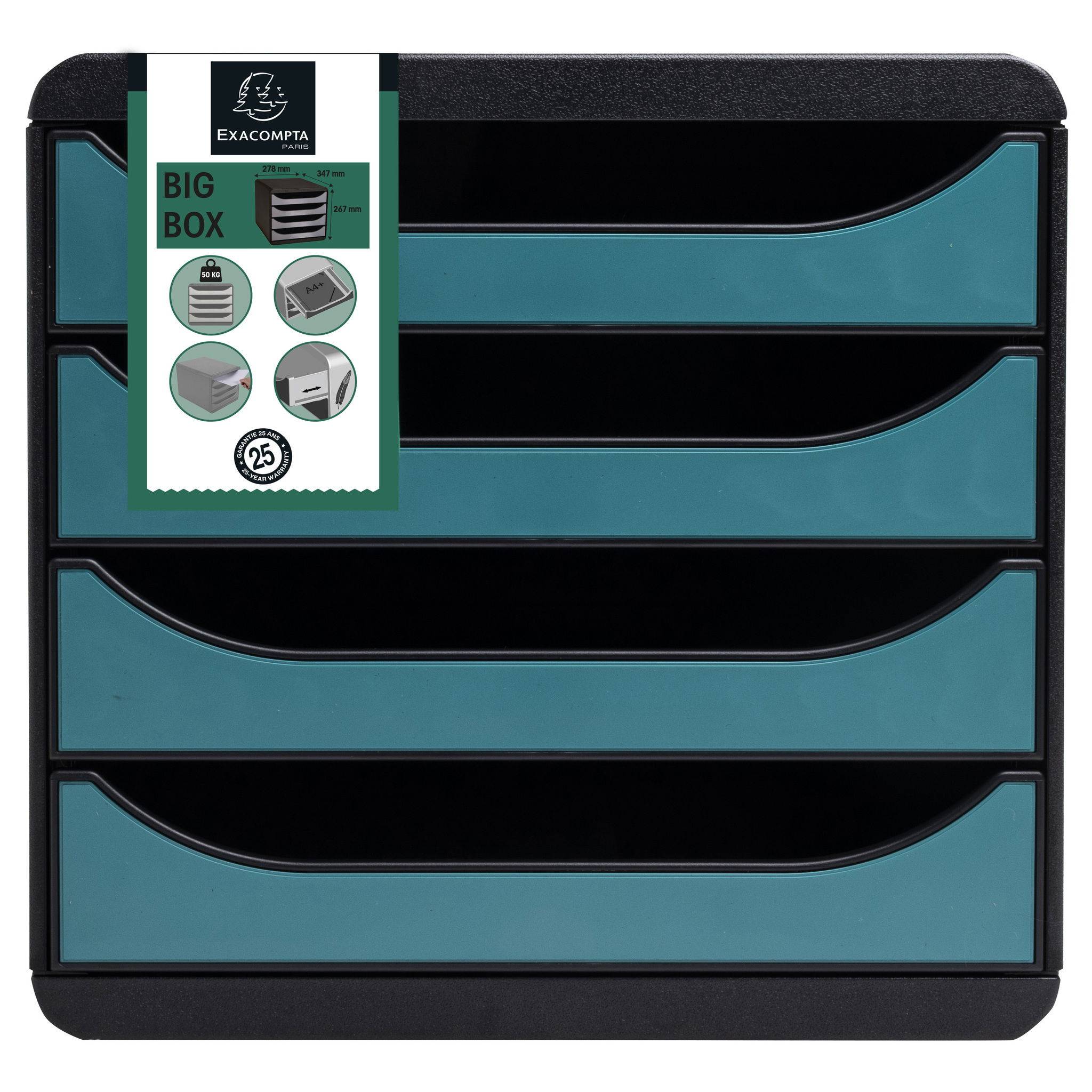 Exacompta Big Box, Schubladenbox + 4 Schubladen, Skandi, Bleu Pacifique, 31034D