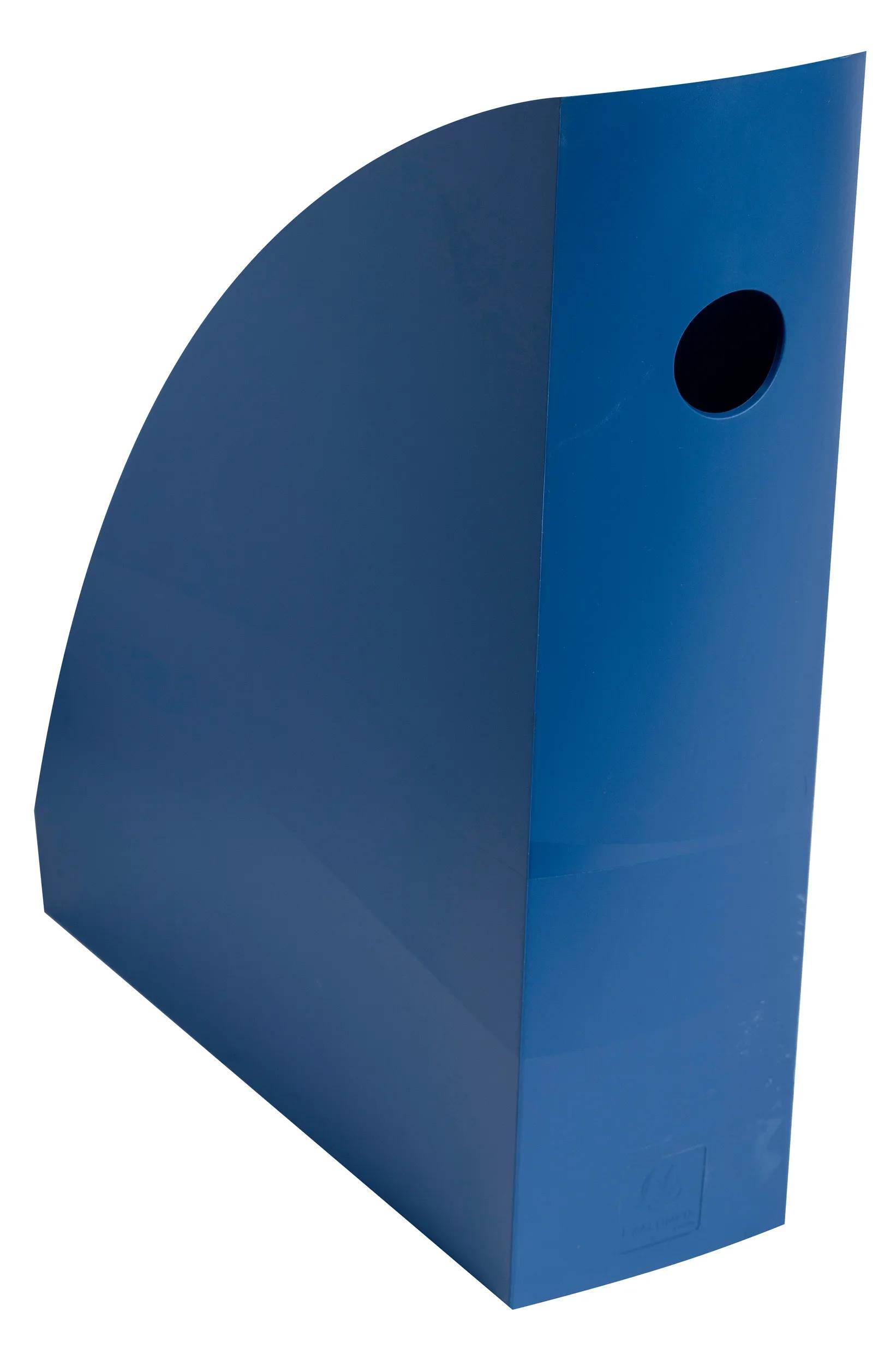 Eine blaue, geschwungene, minimalistische Skulptur mit einer kreisförmigen Aussparung in der Nähe der Oberseite.