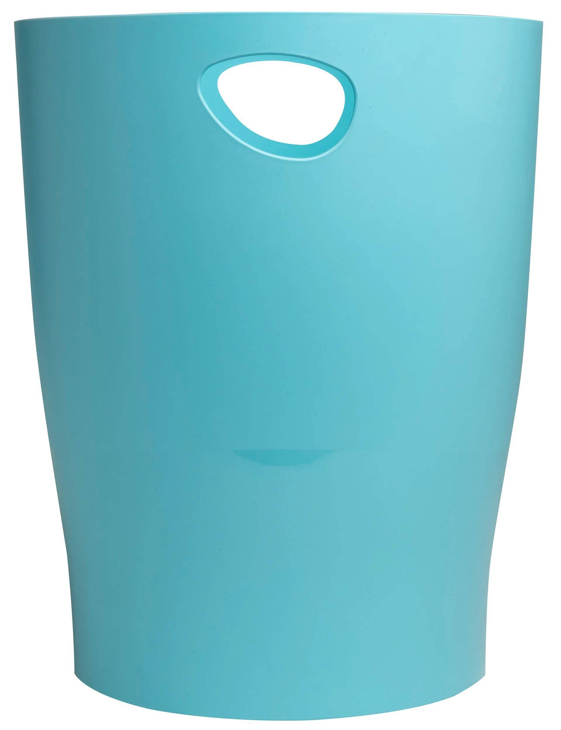 Eine blaue Kunststoffkiste mit einer rechteckigen Grifföffnung auf der Vorderseite.