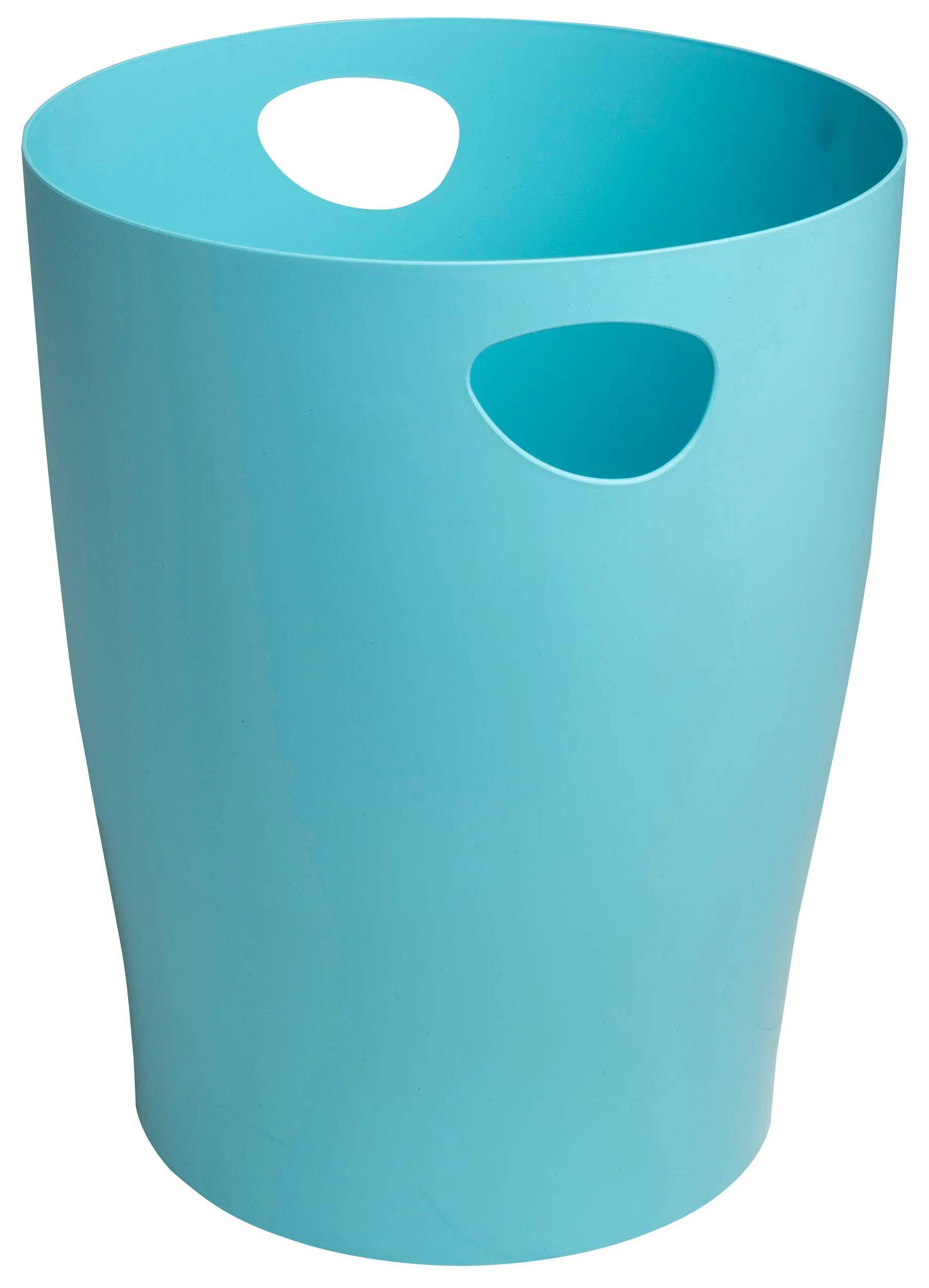 Ein türkisfarbener Kunststoffmülleimer mit ovaler Öffnung und integriertem Griff an der Seite.