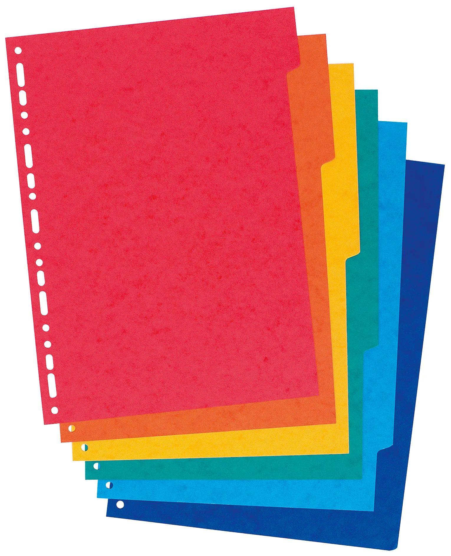 Ein Stapel von fünf farbenfrohen Registereilagen in Rot, Orange, Gelb, Blau und Grün mit Löchern zum Organisieren von Papieren in einem Ordner.