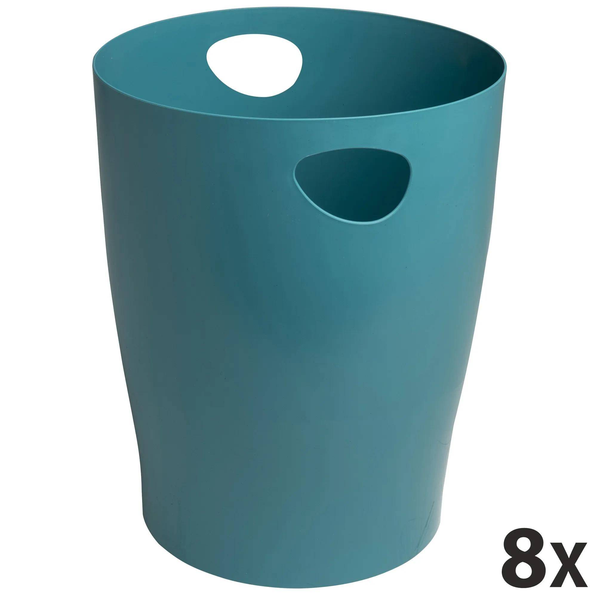 Ein blauer Kunststoffmülleimer mit Griffausschnitten, aus einem Winkel betrachtet. Der Text „8x