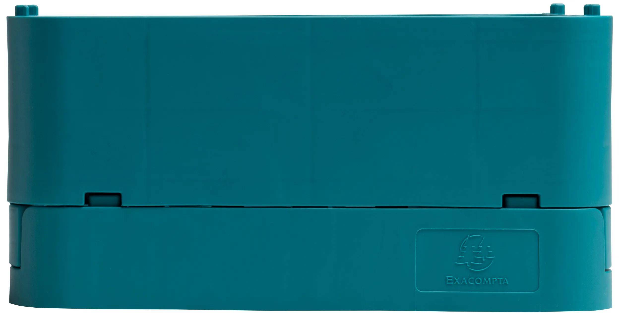 Ein türkisfarbener Koffer liegt flach da, teilweise geöffnet mit einem sichtbaren vertieften Griff und strukturierter Oberfläche in einer schlichten Umgebung.