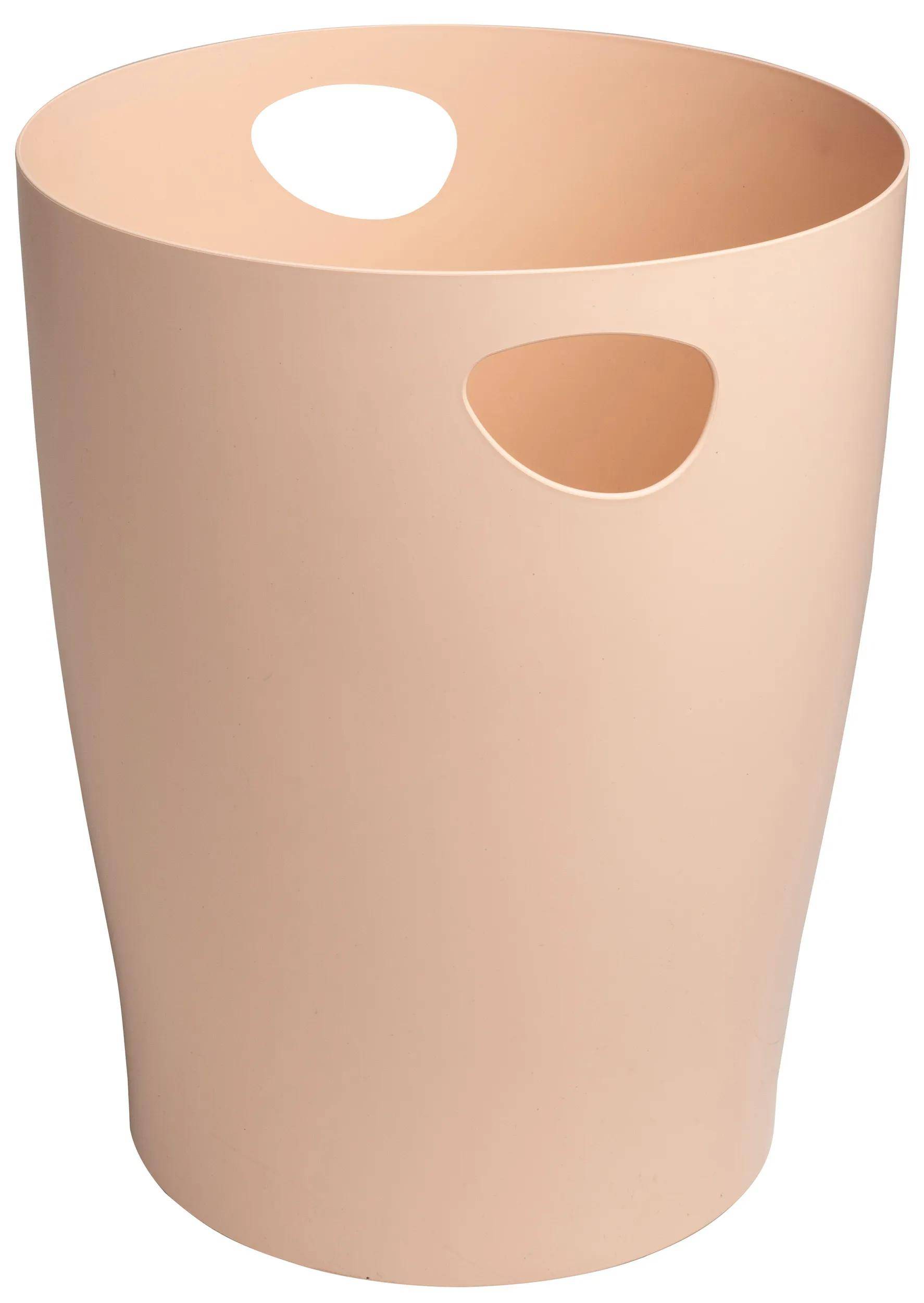 Ein beige, ovaler Papierkorb mit einer ausgeschnittenen Grifföffnung in der Nähe der oberen Kante.