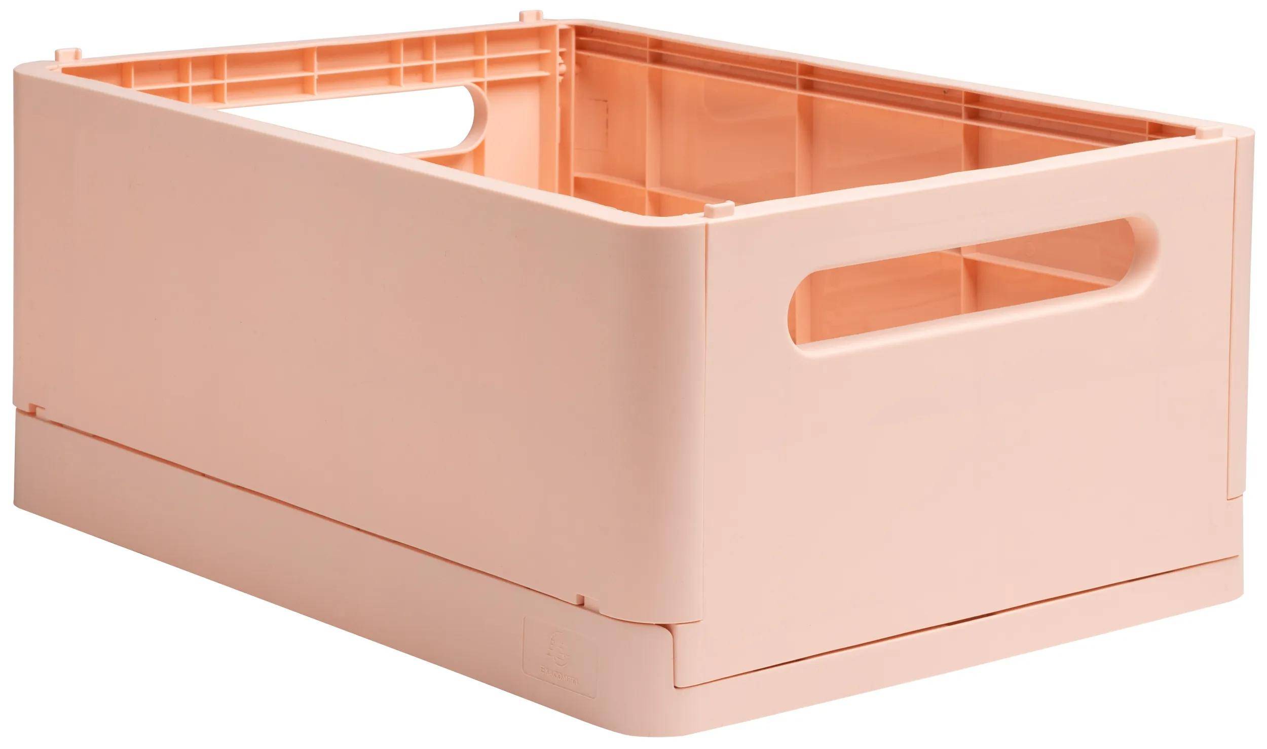 Eine rosa Kunststoff-Lagerkiste mit offenen Seiten und Griffen, die zum Organisieren oder Transportieren von Gegenständen verwendet wird.
