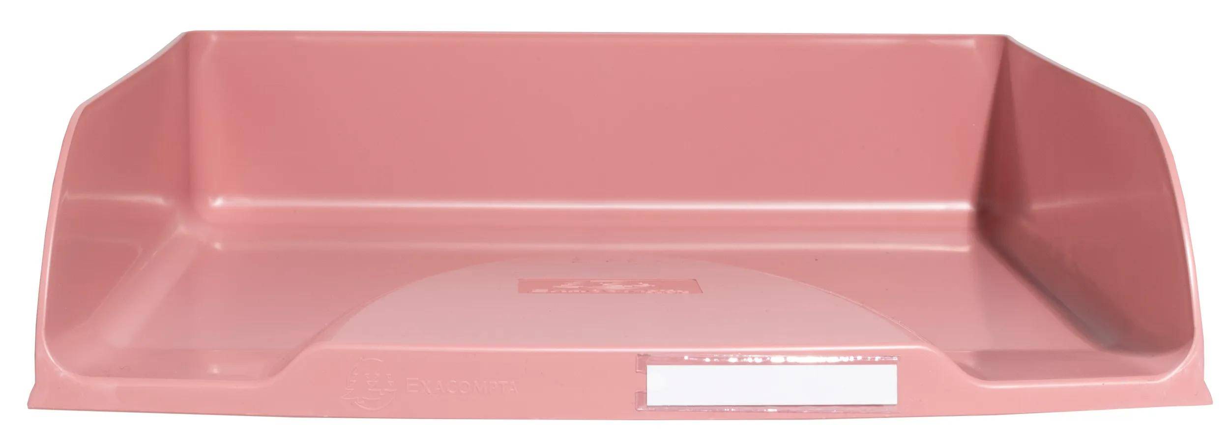 Ein rosa Dateiorganizer-Tablett mit einem beschrifteten Slot auf der Vorderseite, platziert vor einem passenden rosa Hintergrund.