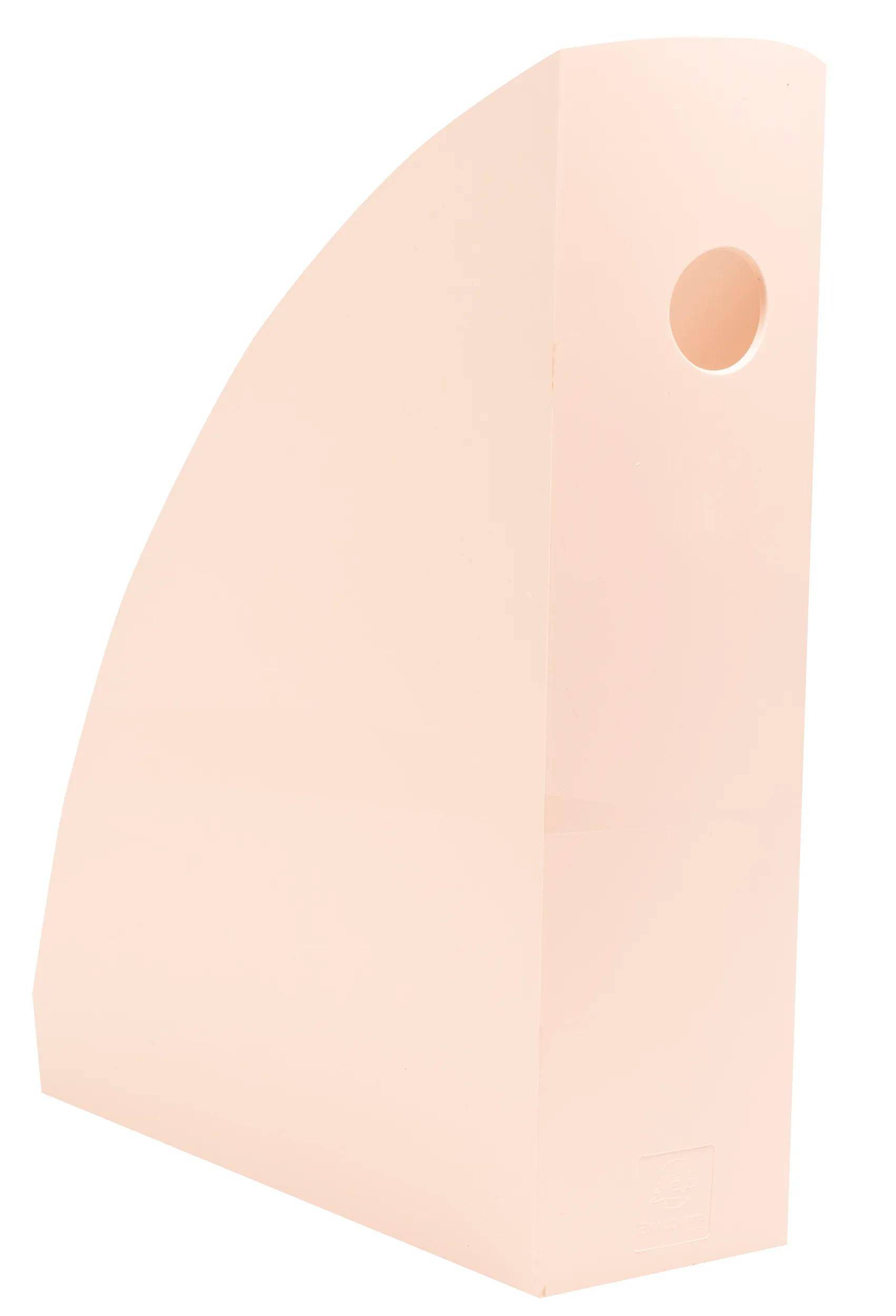 Ein pfirsichfarbener Magazinhalter mit dreieckiger Form und kreisförmiger Ausschnitt oben zum einfachen Greifen.