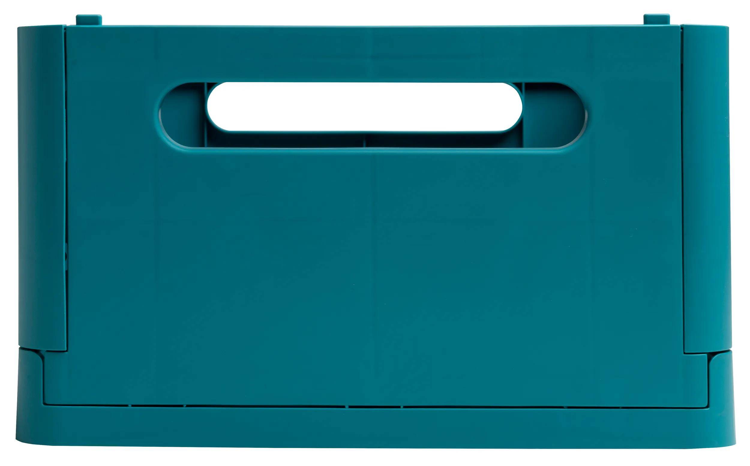 Eine blaue Kunststoffkiste mit einer ovalen Griffaussparung in der Mitte.