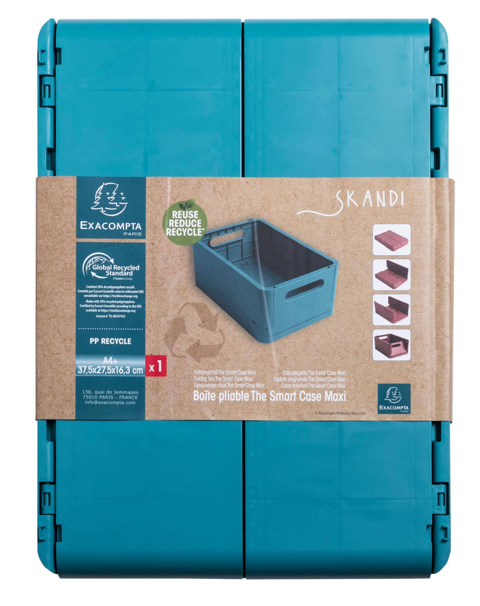 Eine türkise Aufbewahrungsbox mit einem Recycling-Symbol und dem Text „Exacompta