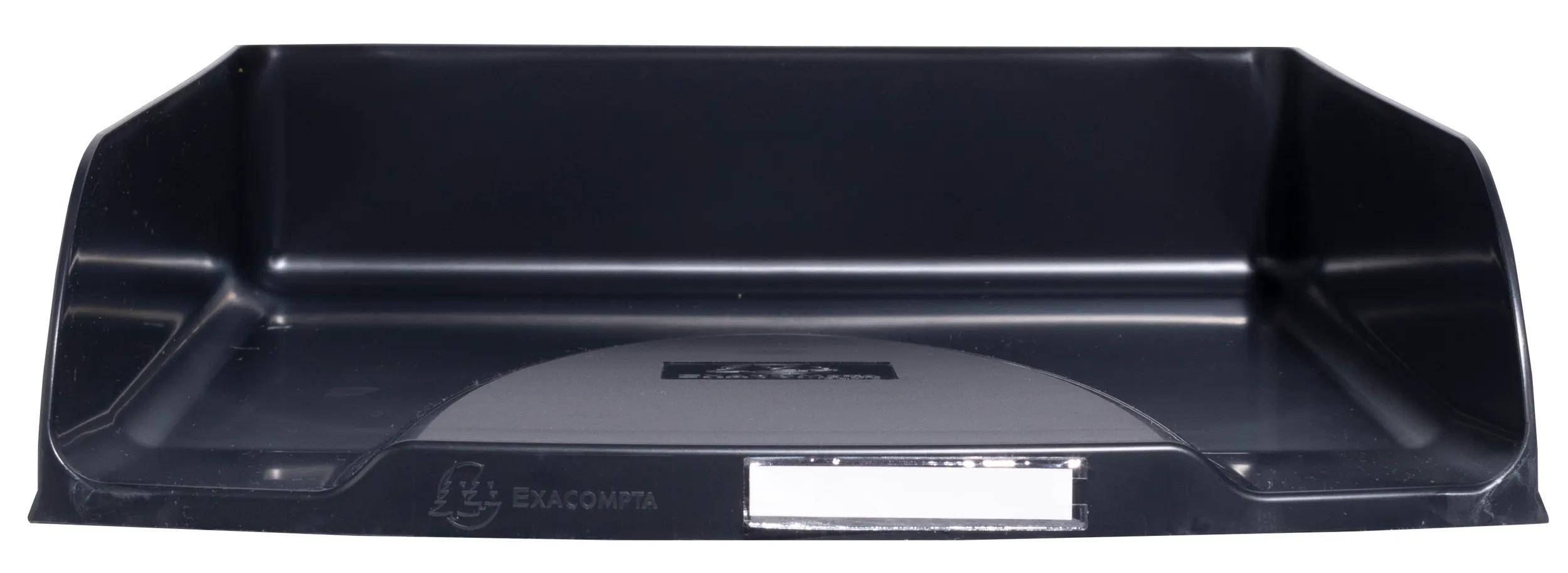 Eine schwarzgraue Exacompta-CD-Aufbewahrungsbox mit einem Etikettenfeld auf der Vorderseite.