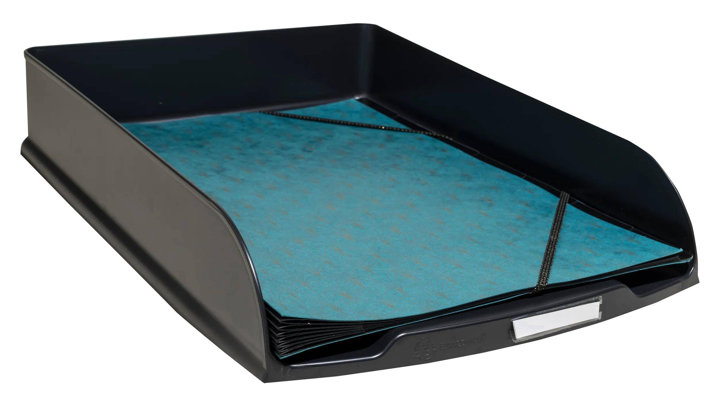 Ein schwarzes Dokumentenfach enthält mehrere türkisfarbene Dokumentenmappen mit schwarzem Rand, ordentlich gestapelt.