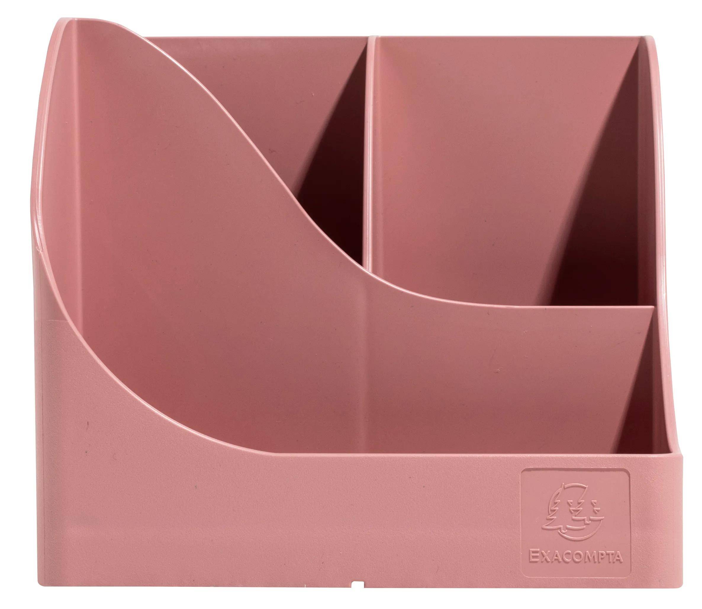 Ein rosa Kunststoff-Schreibtischorganizer mit unterteilten Fächern zum Sortieren von Gegenständen, mit dem Exacompta-Logo in der Ecke.