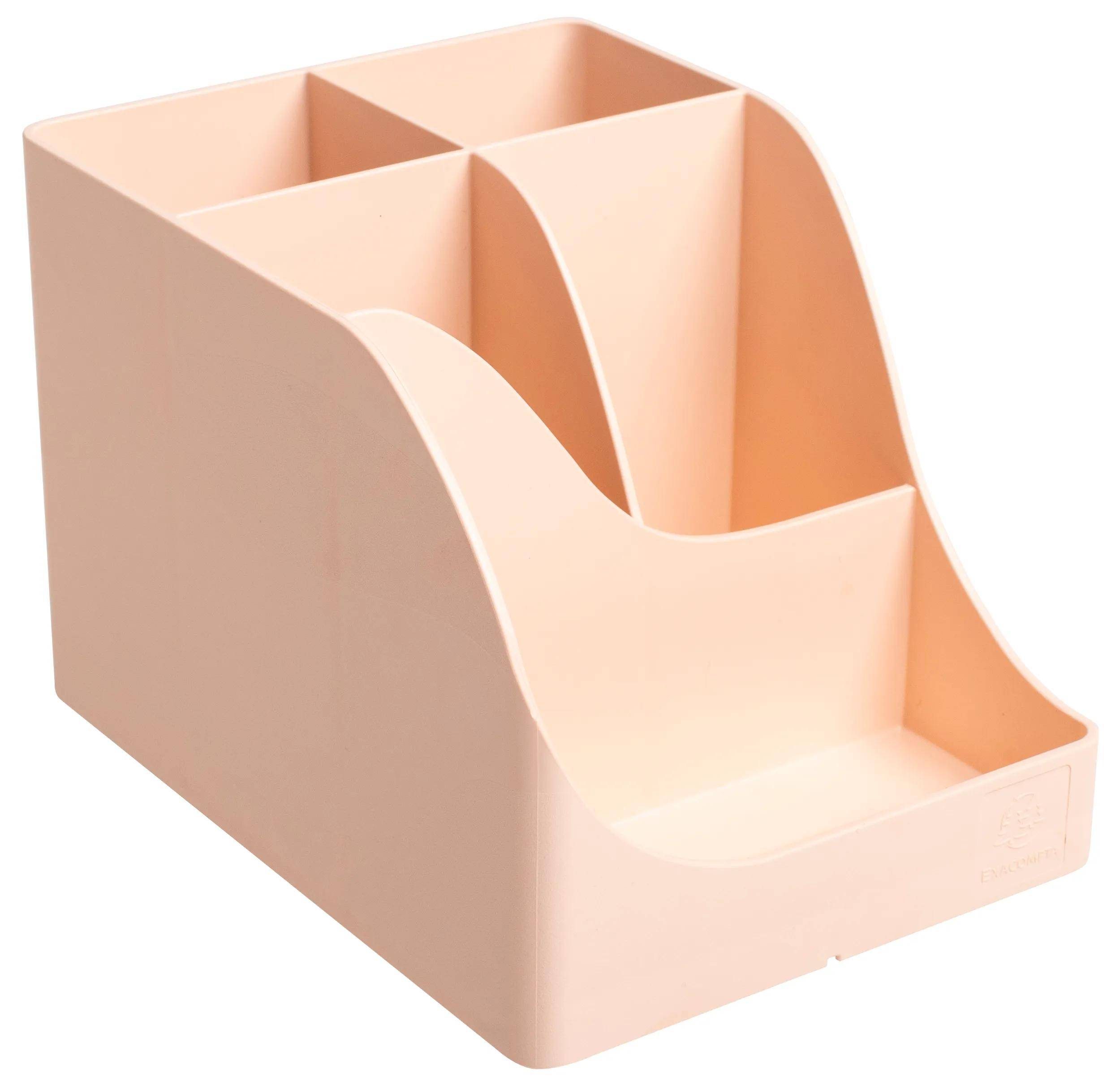 Ein beige, mehrteiliger Schreibtischorganizer mit drei vertikalen Fächern und einem geneigten Regal, konzipiert zur Aufbewahrung von Büromaterial.