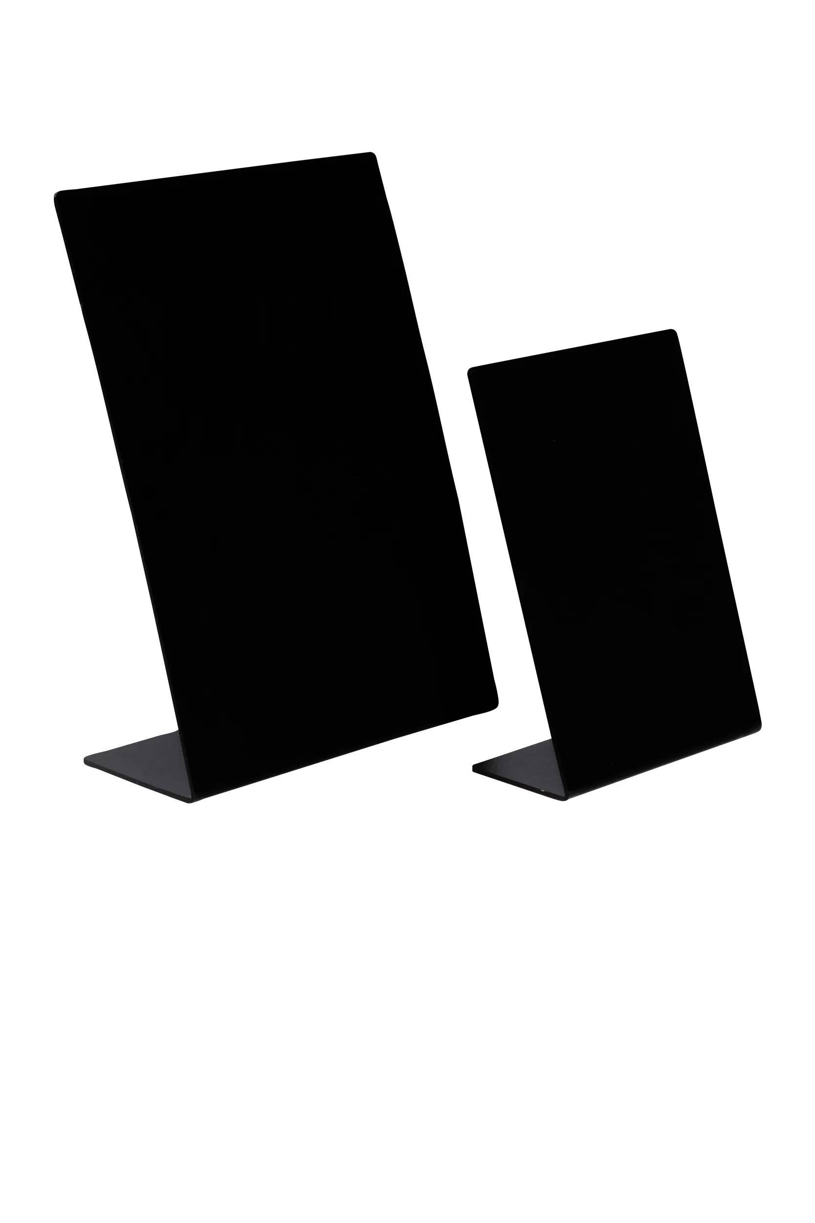 Zwei schwarze, rechteckige Displayständer unterschiedlicher Größe werden nebeneinander vor weißem Hintergrund gezeigt.