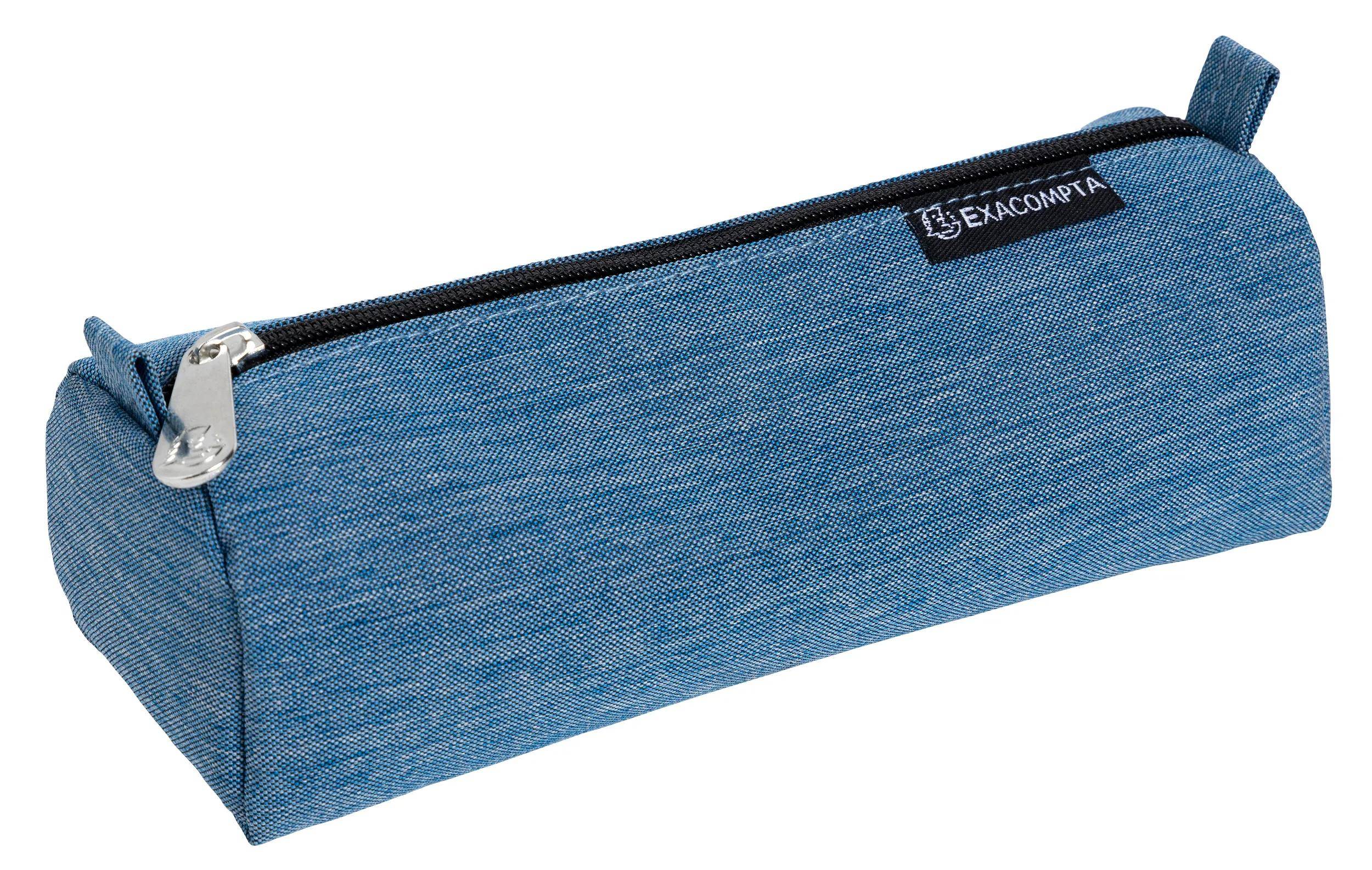 Ein blauer Exacompta Federmappe mit schwarzem Reißverschluss und Logoanhänger.