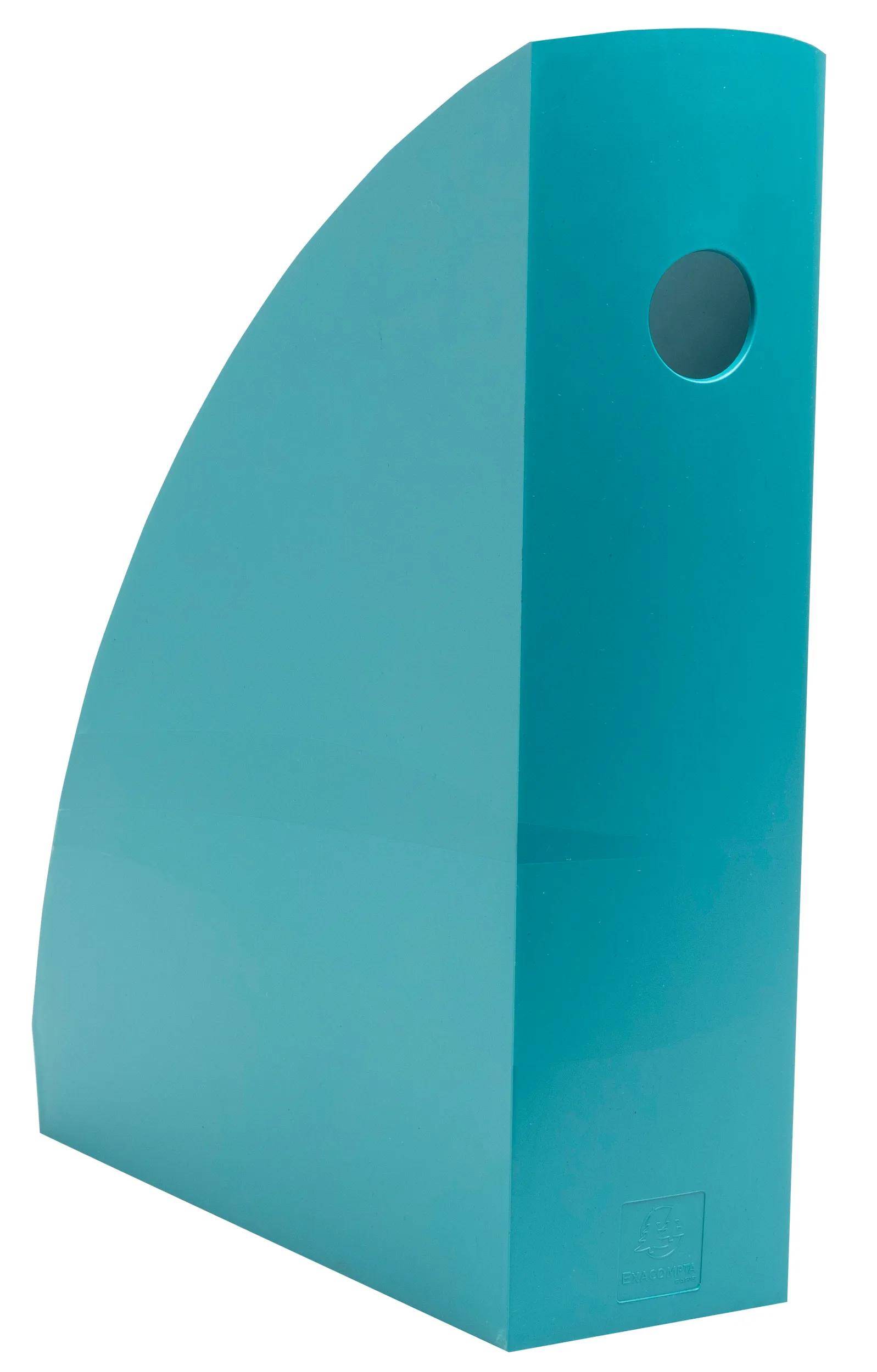 Eine türkisfarbene Aktenhülle mit einem halbkreisförmigen Rücken und einem runden Loch oben zum einfachen Greifen.