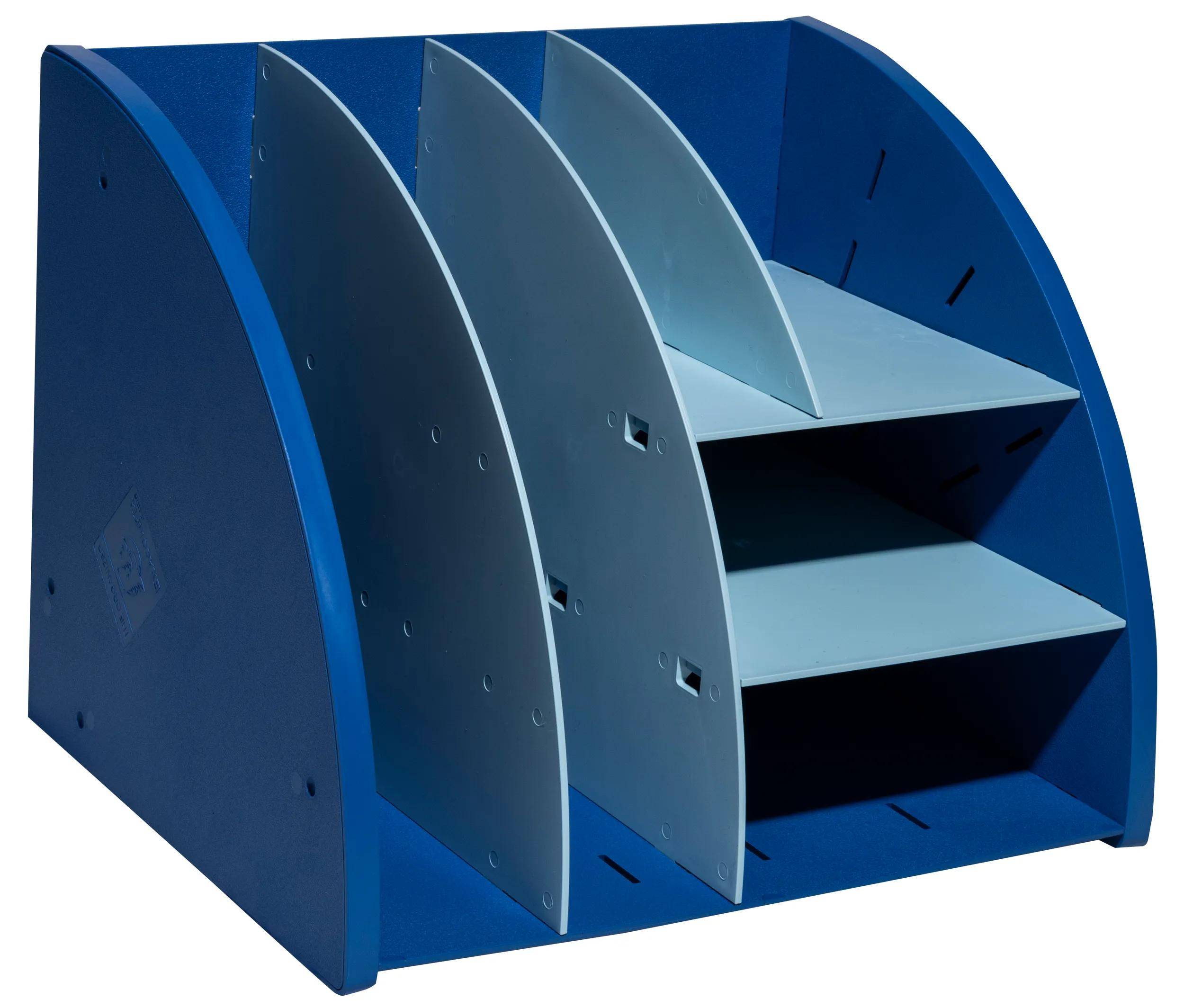 Blauer Schreibtisch-Organizer mit mehreren vertikalen Fächern und Schlitzen zum Halten von Dokumenten oder Ordnern.