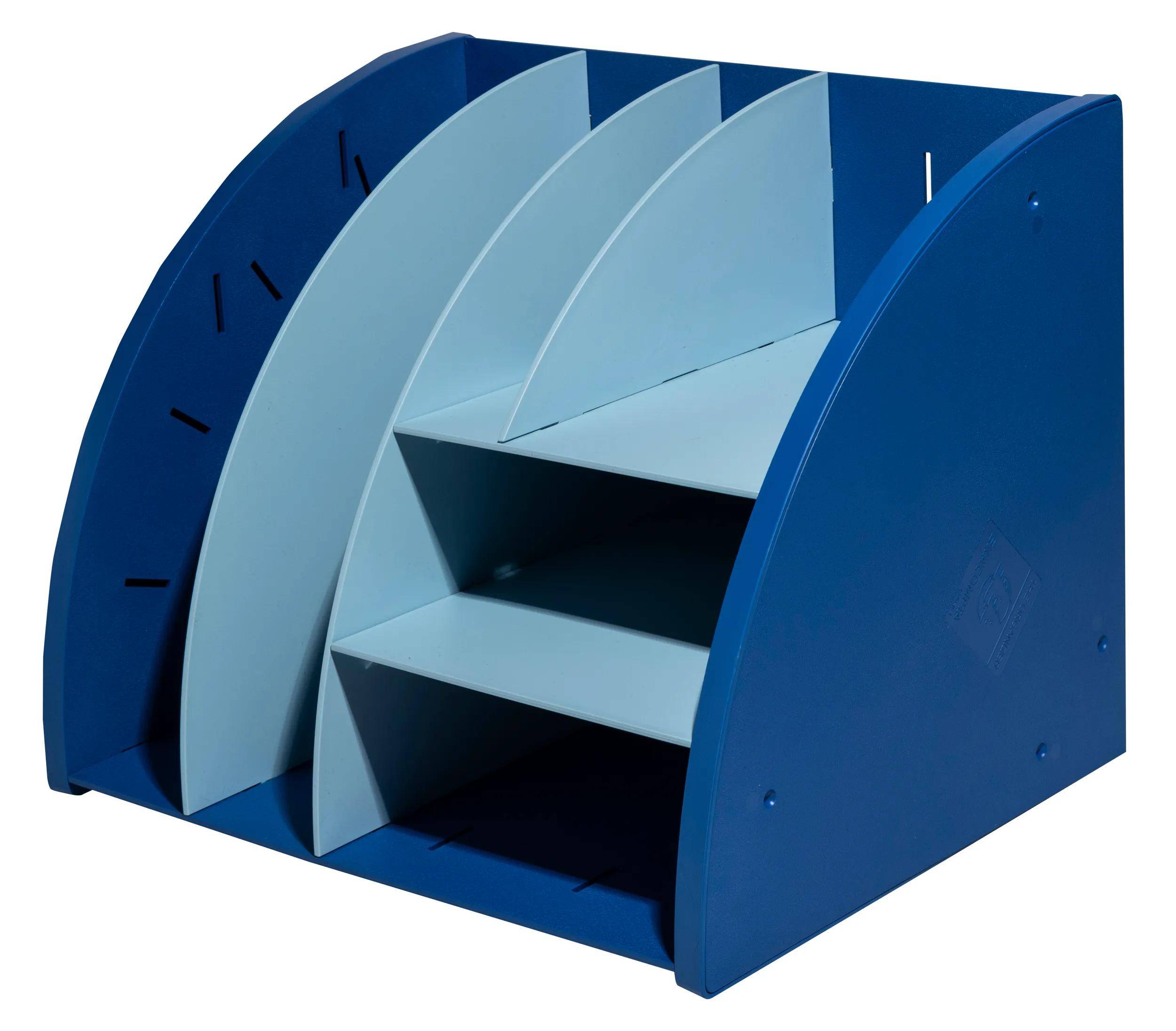 Ein blauer Schreibtisch-Organizer mit mehreren Fächern zum Aufbewahren von Dateien und Dokumenten, der dazu dient, Büromaterialien übersichtlich und leicht zugänglich zu halten.