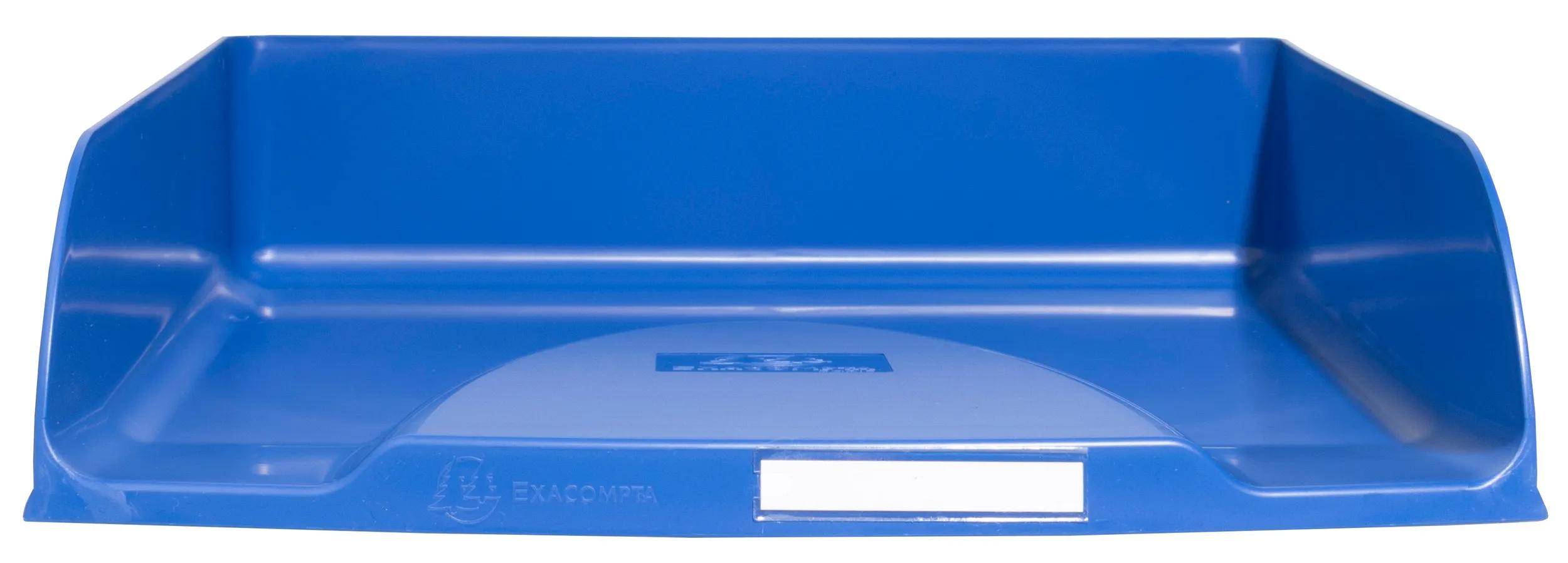 Ein blauer Exacompta-Briefablage, leer, mit einem weißen Etikett an der Vorderseite, vor einem einfachen Hintergrund.