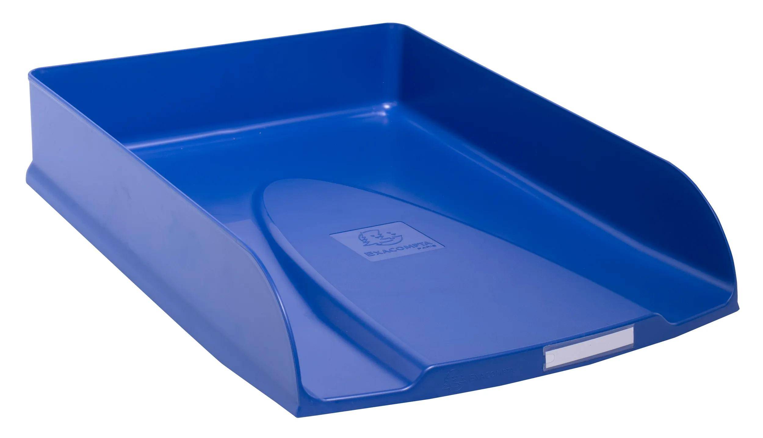 Ein blauer Kunststoff-Dokumentenablage mit gebogenem Design und einem sichtbaren Logo in der Mitte.