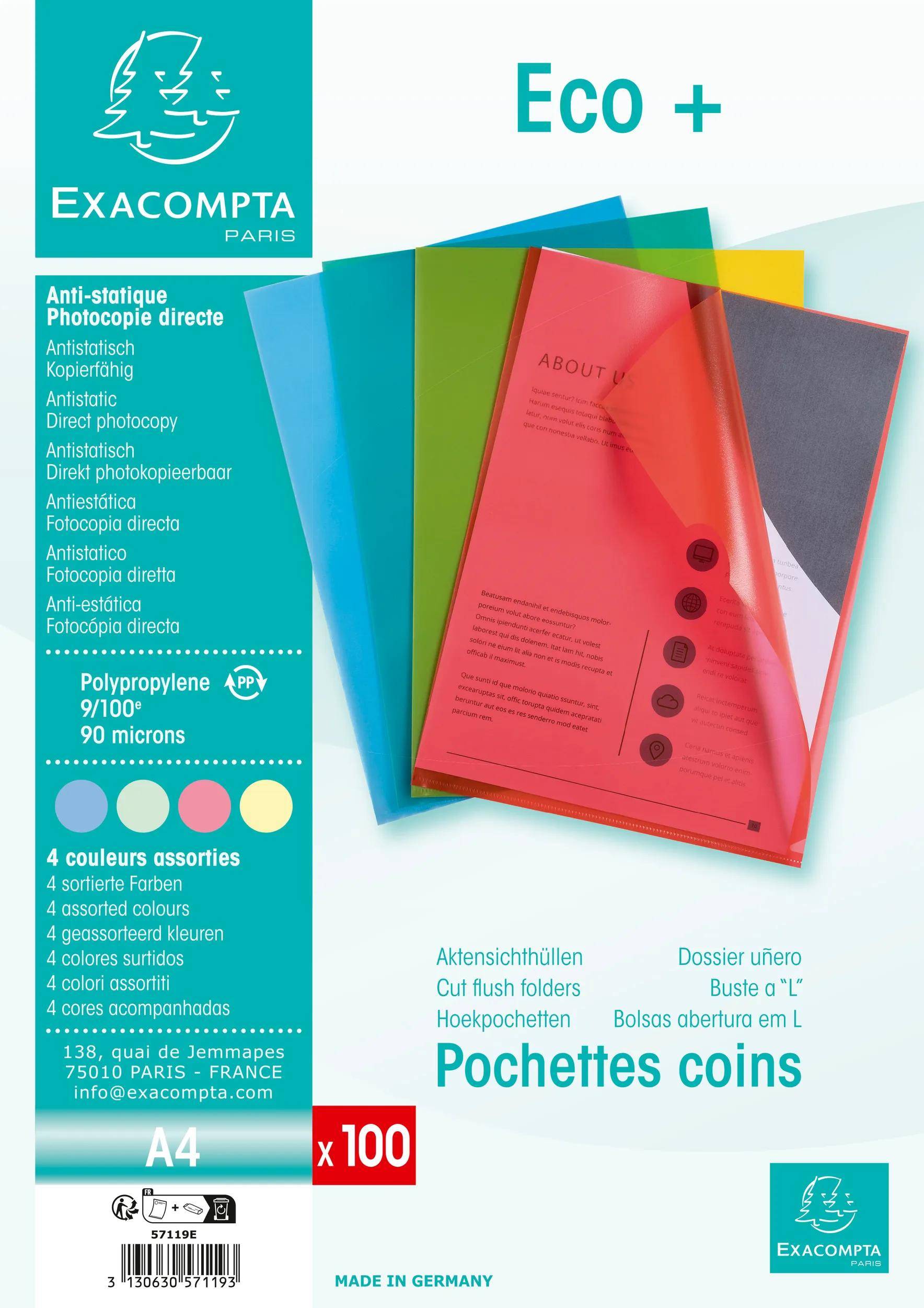 Exacompta 10x Pack 100 Sichthüllen A4 PP genarbt ökonomisch sortiert 57119E