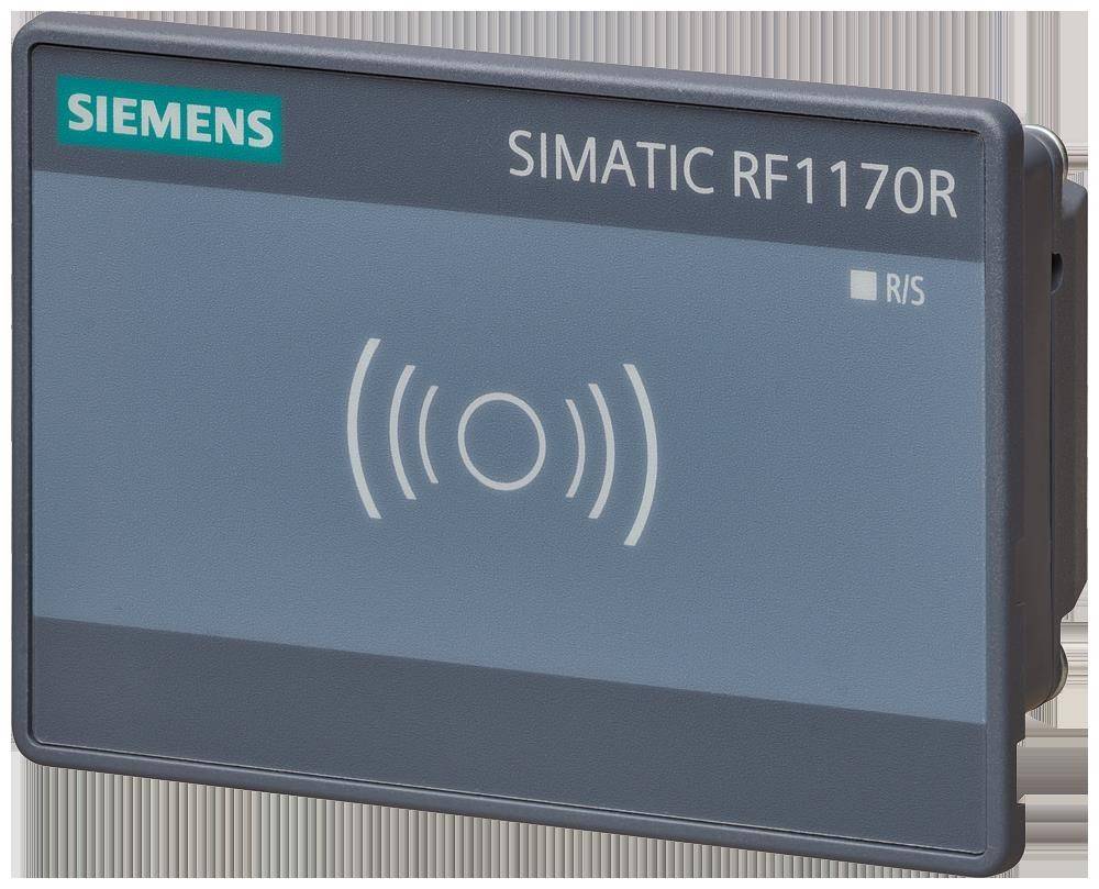 Ein grauer Siemens SIMATIC RF1170R Geräte mit einem zentralen Symbol, das drahtlose Konnektivität anzeigt.
