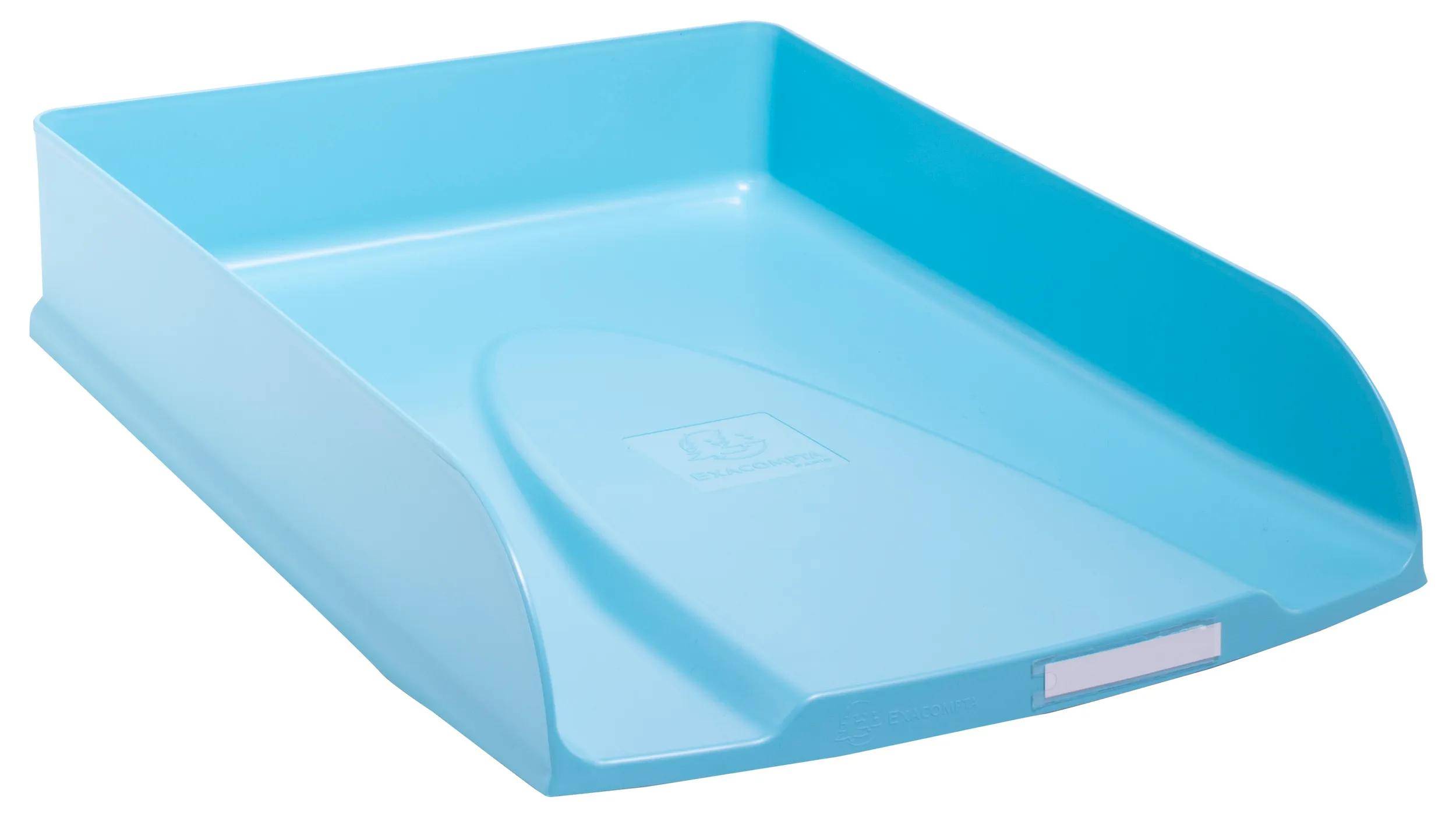 Ein blauer, aus Kunststoff gefertigter stapelbarer Schrifttablett mit glatter Oberfläche und einer leicht nach innen gewölbten Seite, entworfen zum Halten von Papieren oder Dokumenten.